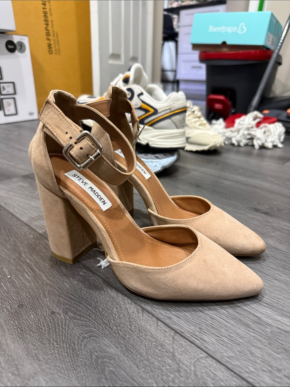 Steve Madden Nude Suede Ankle Strap Block Heels